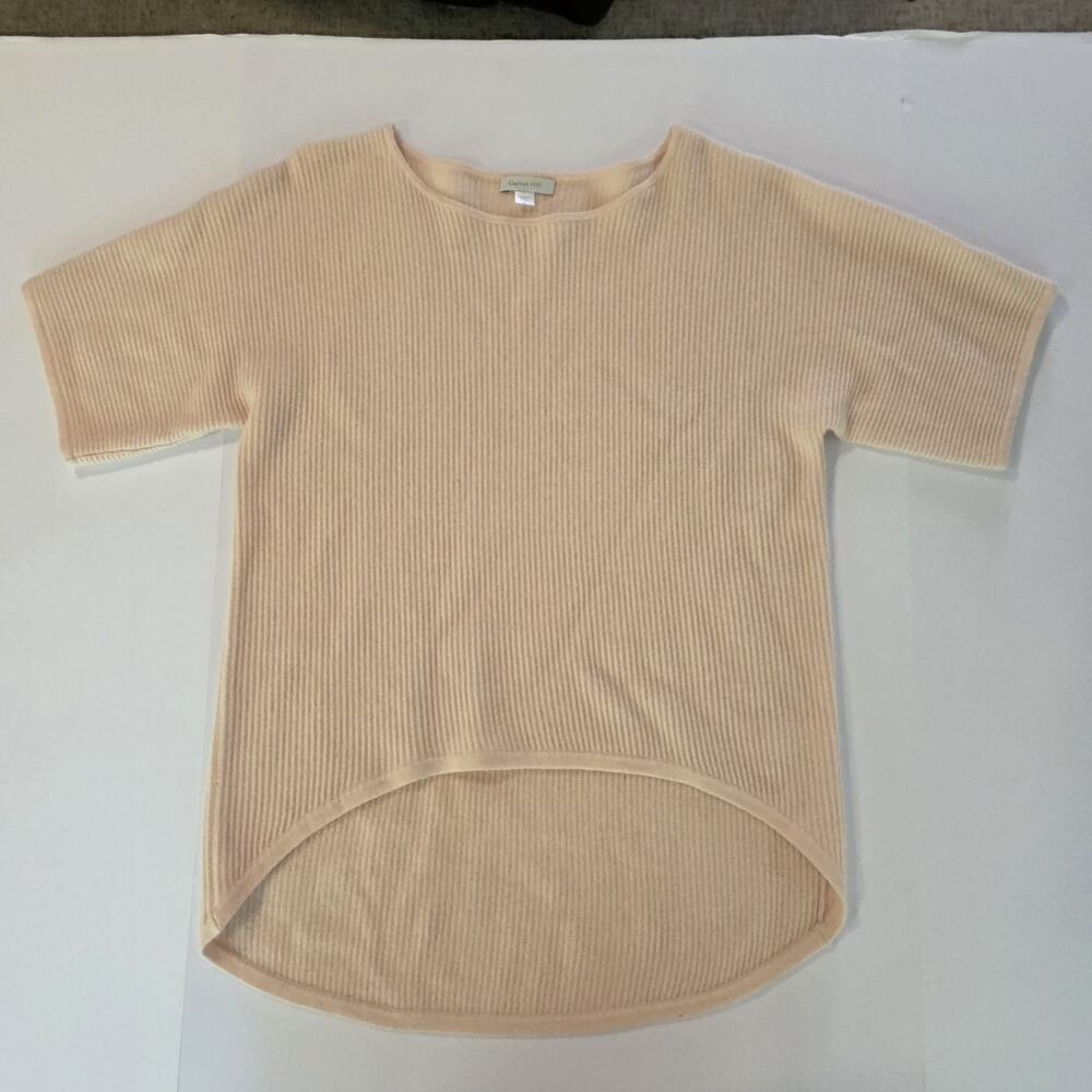 Garnet Hill M 100% Cashmere Sweater Cream Ribbed Short Sleeve Asymmetrical Hem - Picture 5 of 8